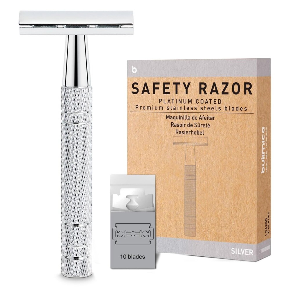 Shiny Silver Double Edge Safety Razor, Single Blade Razors for Men and Women, with 10 Stainless Steel Safety Razor Blades, Smooth Close Shaving, Plastic Free