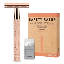 Shiny Rose Gold Safety Razor, Single Blade Razors for Women, with 10 Stainless Steel Double Edge Blades, Reusable Metal Razor, Eco-Friendly, Smooth and Close Shave, Sustainable, Plastic Free