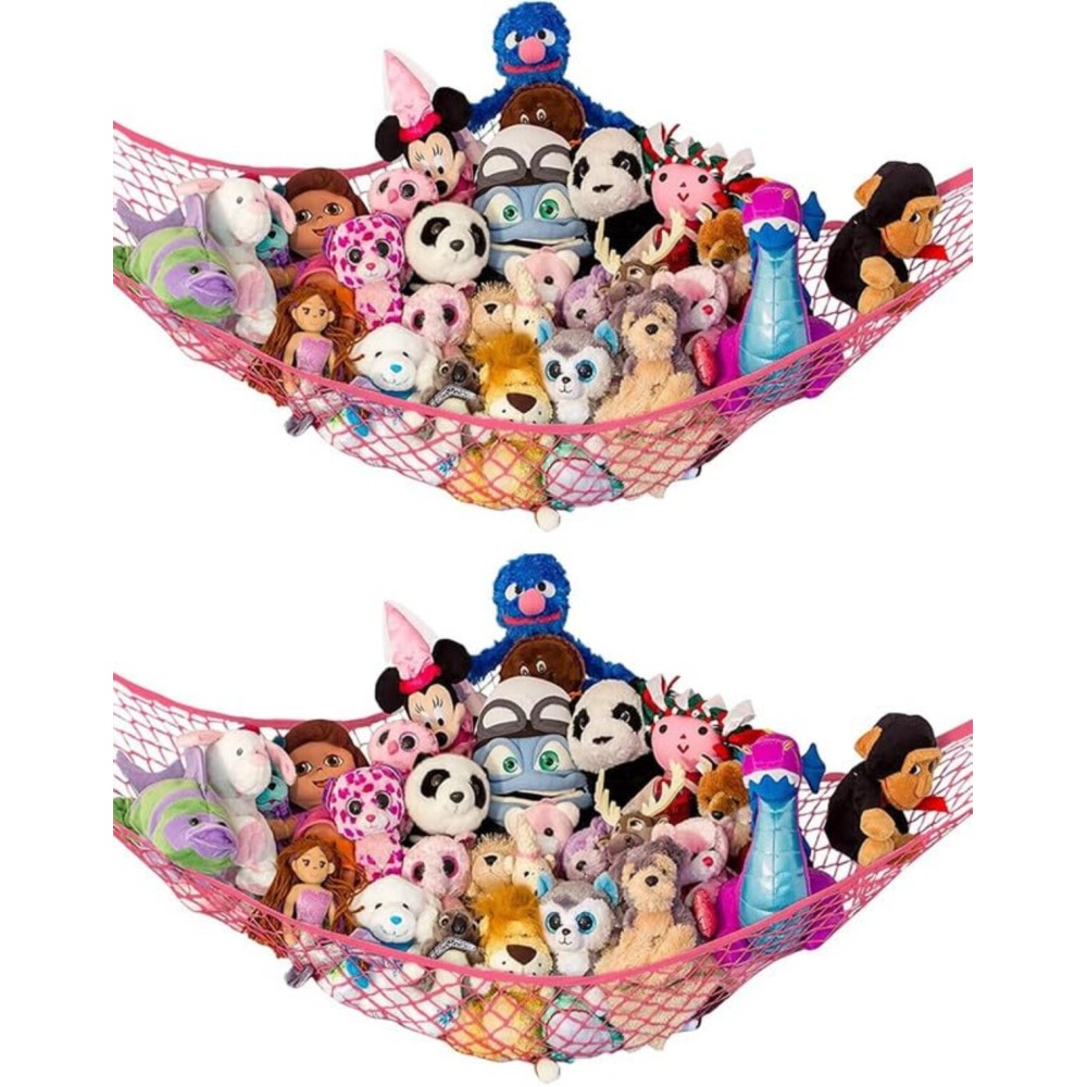 Lilly\'s Love Large Stuffed Animal Hammock | Corner Hanging Organizer, Toy Storage, Stuffed Animal Storage Net | Made from Quality Fishing Net, Holds 12lbs | 79x63x63 (Coral, 2 Pack)