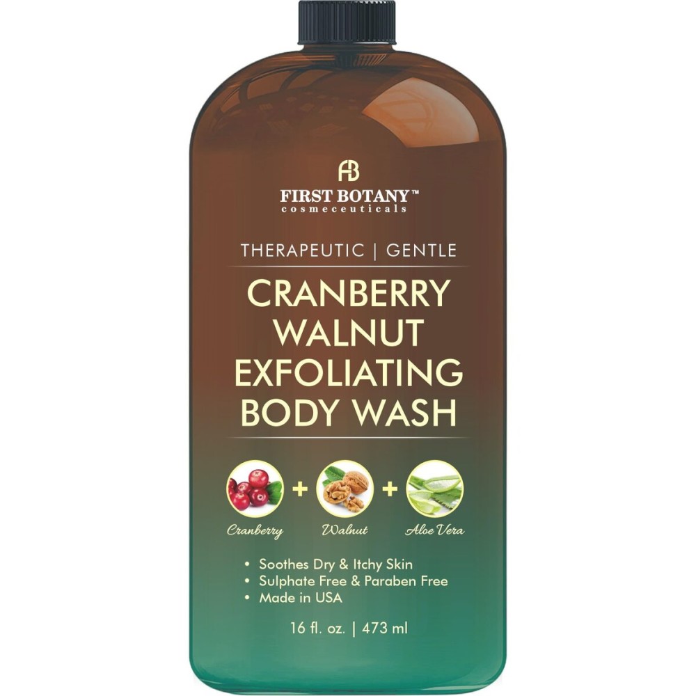 First Botany All Natural Body Wash - Fights Body Odor, Athletes Foot, Jock Itch, Nail Issues, Dandruff, Acne, Eczema, Shower Gel for Women & Men, Skin Cleanser -16 Fl Oz (Cranberry Walnut)