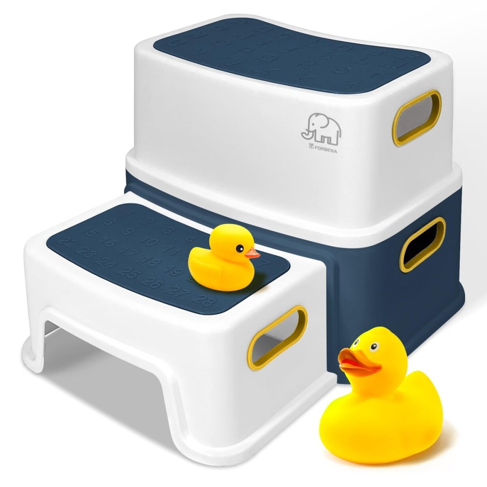 Forbena Toddler Step Stool for Bathroom Sink, Two Step Stool for Kids Toilet Potty Training, Toddlers Baby Child Kid Plastic Poop Stools with Handles for Kitchen Counter Bed (Navy Blue-Yellow)
