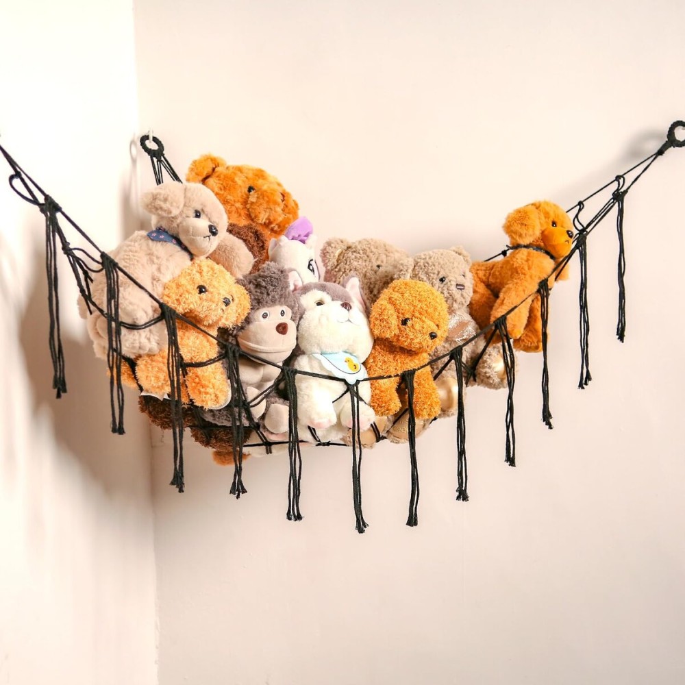 YKBU Stuffed Animals Hammock Corner Hanging Net with Tassel Macrame Stuffed Animal Storage Plush Toy Holder Toy Organizer for Boho Nursery Playroom Bedroom Kids Room Decor (black, Large)