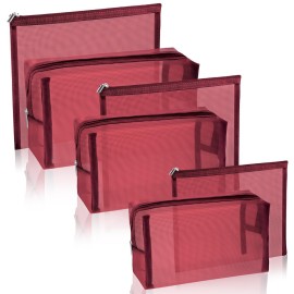 Boao 6 Pieces Mesh Makeup Bags Mesh Cosmetic Bag Portable Travel Organizing Zipper Pouch Toiletries Makeup Pouches for Home Office Travel Accessories(Wine Red)