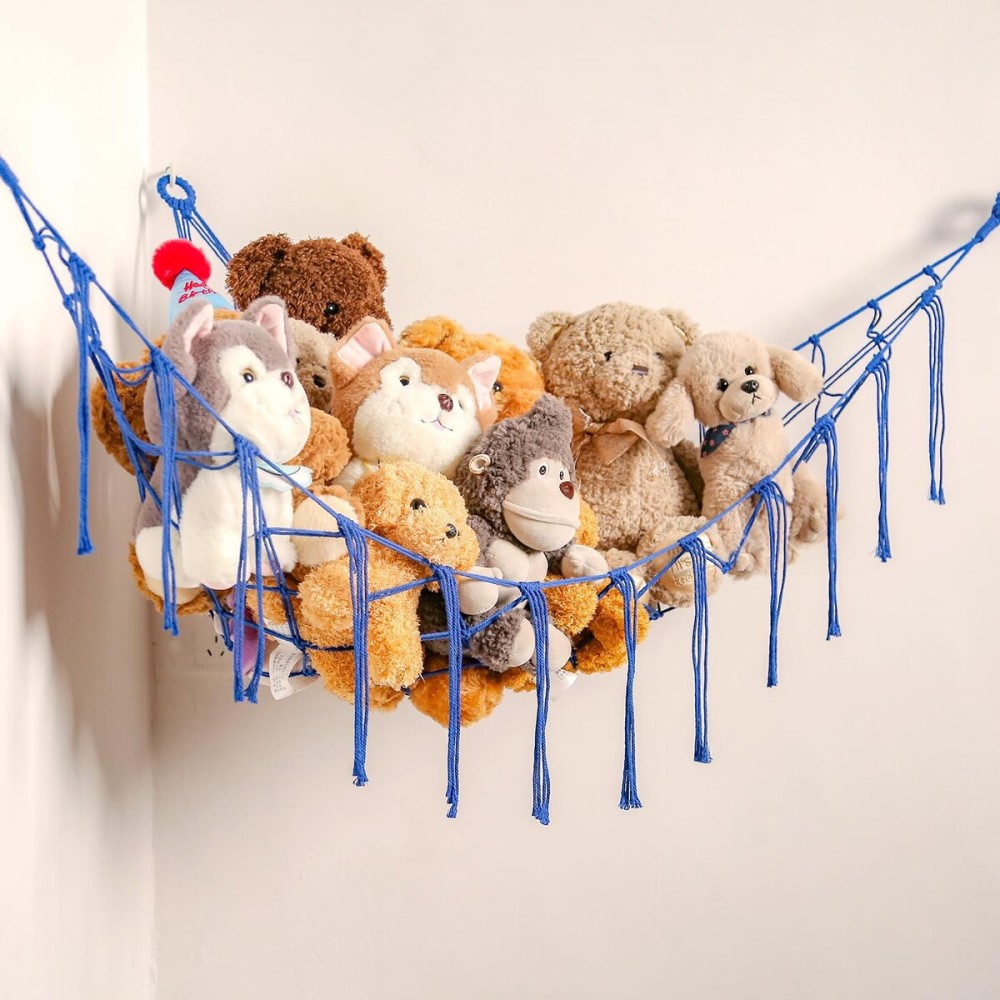 YKBU Stuffed Animals Hammock Corner Hanging Net for Macrame Stuffed Animal Storage Plush Toy Holder Toy Organizer for Boho Nursery Playroom Bedroom Kids Room Decor (blue, Large)