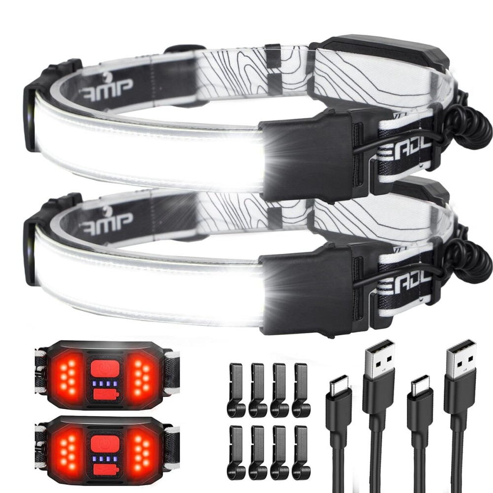 Spriak LED Headlamp Flashlight, 1000L 230 Broadbeam Headlight, USB C Rechargeable Head Lamp with Red Taillight, Lightweight Waterproof Headlamps for Camping Running Hiking, Hard Hat Headlamp 2Pack