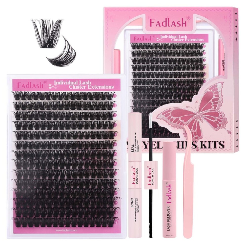 FADLASH Lash Extension DIY Kit Lash Clusters D Curl Cluster Lashes with Lash Bond and Seal Cluster Lashes Glue Remover Lash Tweezers for DIY Eyelash Extension at HomeKit 100D-0.07D-12-18MIX, black