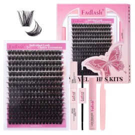 FADLASH Lash Extension DIY Kit Lash Clusters D Curl Cluster Lashes with Lash Bond and Seal Cluster Lashes Glue Remover Lash Tweezers for DIY Eyelash Extension at HomeKit 100D-0.07D-12-18MIX, black