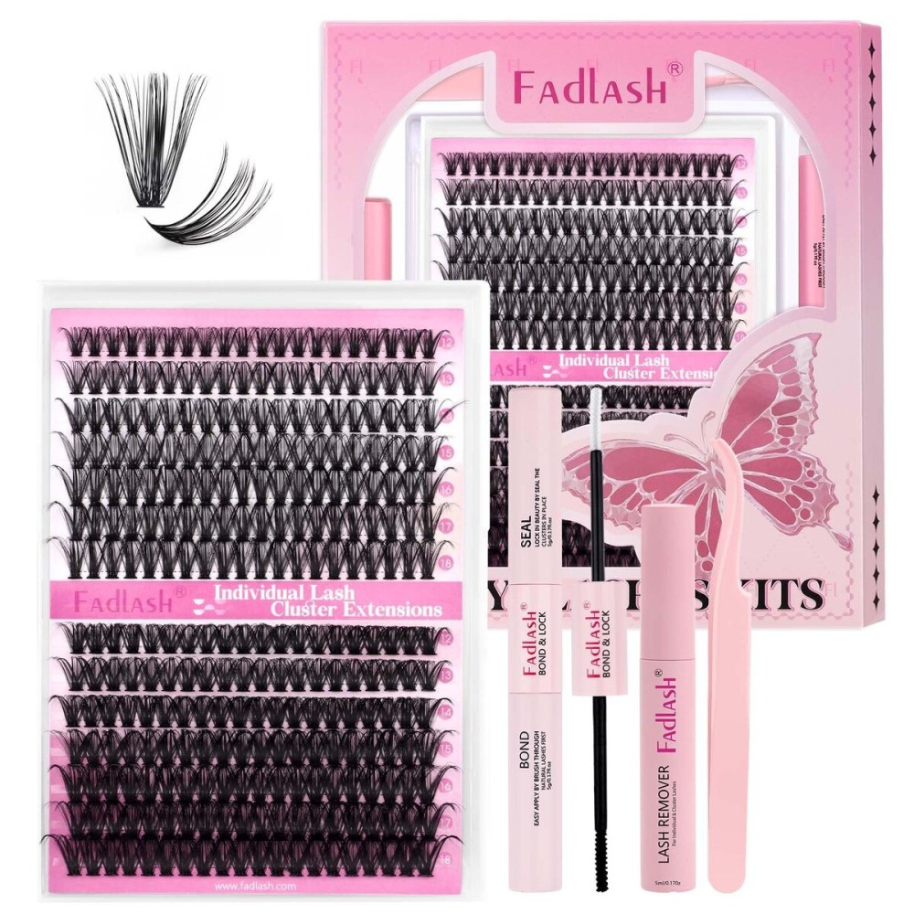 FADLASH Lash Extension DIY Kit Lash Clusters D Curl Cluster Lashes with Lash Bond and Seal Cluster Lashes Glue Remover Lash Tweezers for DIY Eyelash Extension at HomeKit 40D+50D-0.07D-12-18MIX