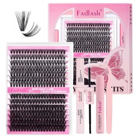 FADLASH Lash Extension DIY Kit Lash Clusters D Curl Cluster Lashes with Lash Bond and Seal Cluster Lashes Glue Remover Lash Tweezers for DIY Eyelash Extension at HomeKit 40D+50D-0.07D-12-18MIX