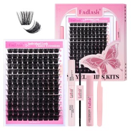 FADLASH Lash Extension DIY Kit Lash Clusters D Curl Cluster Lashes with Lash Bond and Seal Cluster Lashes Glue Remover Lash Tweezers for DIY Eyelash Extension at HomeKit 200D-0.07D-12-18MIX, black
