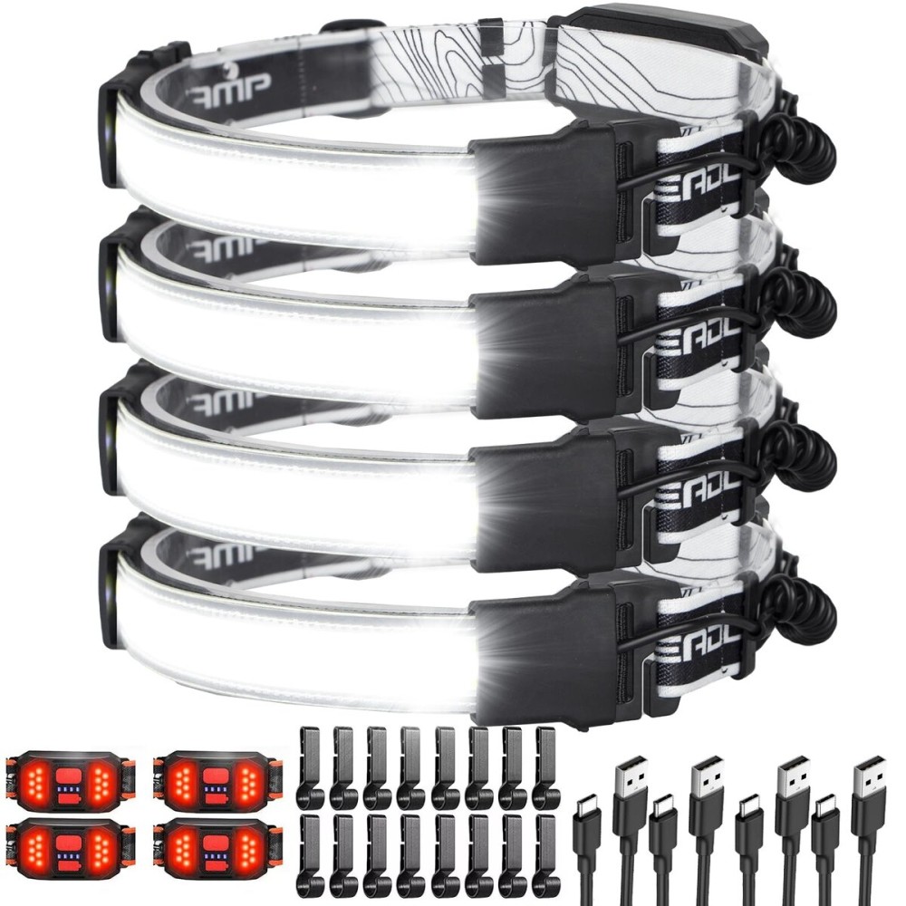 Spriak LED Headlamp Flashlight, 1000L 230 Broadbeam Headlight, USB C Rechargeable Head Lamp with Red Taillight, Lightweight Waterproof Headlamps for Camping Running Hiking, Hard Hat Headlamp 4Packs