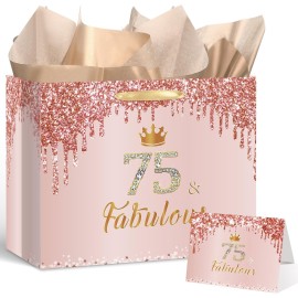 Yoirrat Rose Gold 75th Birthday Gift Bag for Women 75 & Fabulous Large Pink Happy 75th Birthday Gift Bag with Wrapping Paper and Card for 75th Bday Decorations Party Supplies