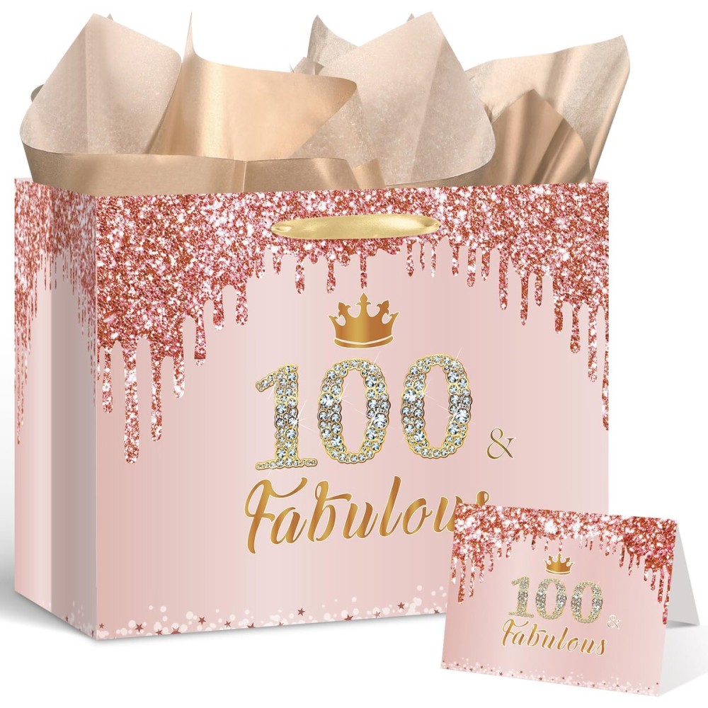 Yoirrat Rose Gold 100th Birthday Gift Bag for Women 100 & Fabulous Large Pink Happy 100th Birthday Gift Bag with Wrapping Paper and Card for 100th Bday Decorations Party Supplies