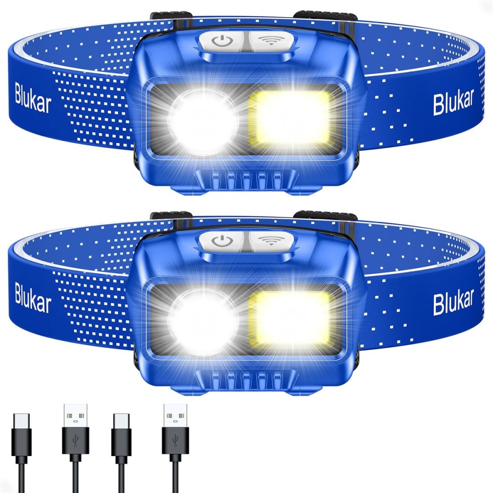 Blukar LED Headlamp,2000L Super Bright Rechargeable Headlight Flashlight with White&Red Light 2 Pack - Motion Sensor,Dimmable Brightness,8 Modes,Spotlight&Floodlight,IPX5 Waterproof for Camping-Blue