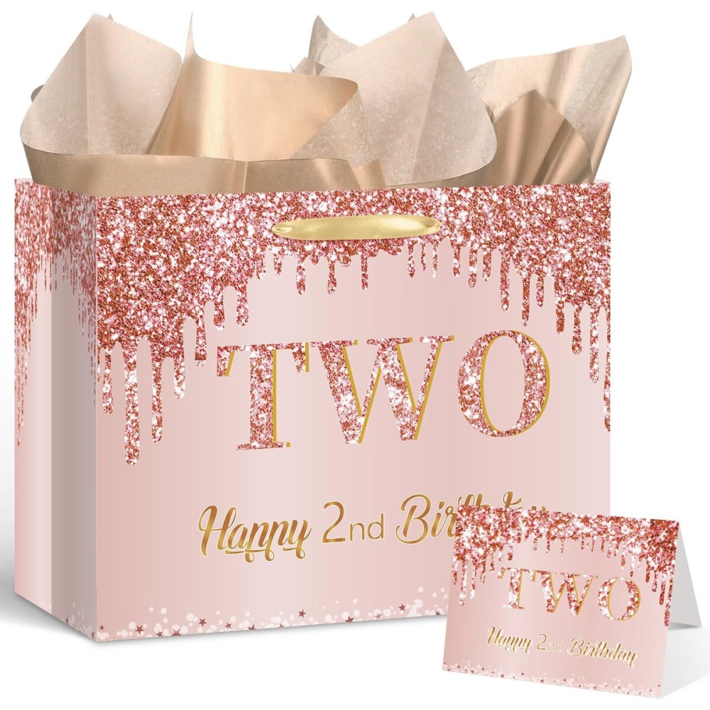 Yoirrat Rose Gold 2nd Birthday Gift Bag for Baby Girls - Large Pink Happy 2nd Birthday Gift Bag with Wrapping Paper and Card for Decorations and Party Supplies