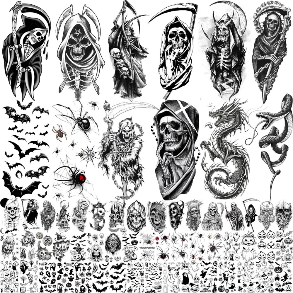 61 Sheets Halloween Temporary Tattoos for Men Women Adults, 12 Sheets Skeleton Death Skull Demon Devil Half Arm Sleeve Fake Tattoo Stickers, 49 Sheets Spider Web Bat Snake Vampire Scar Face Tattoos