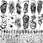 61 Sheets Halloween Temporary Tattoos for Men Women Adults, 12 Sheets Skeleton Death Skull Demon Devil Half Arm Sleeve Fake Tattoo Stickers, 49 Sheets Spider Web Bat Snake Vampire Scar Face Tattoos