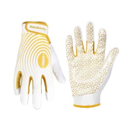 HANDLANDY Youth Football Gloves, Sticky Wide Receiver Gloves for Kids, White and Gold Stretch Fit Football Glove (White and Gold, XX-Large)