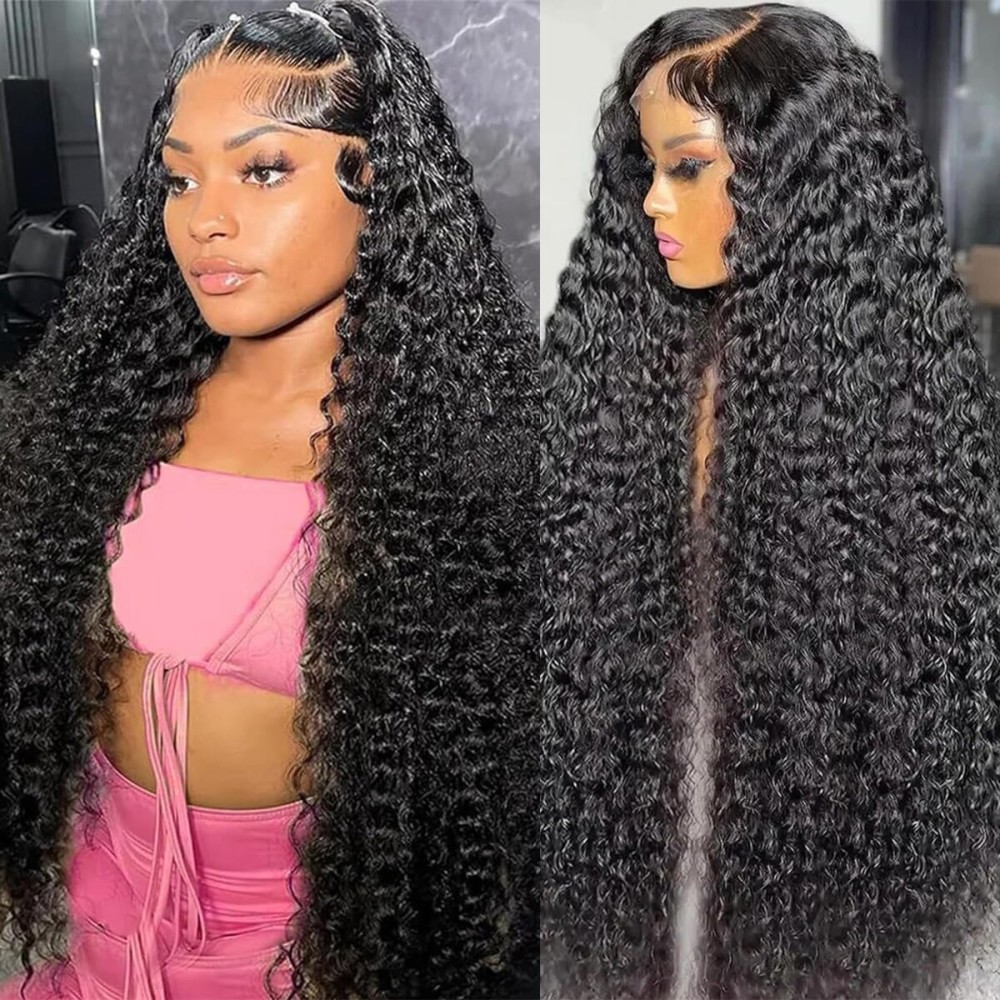 Nsvnsv 13x6 Deep Wave Lace Front Wigs Human Hair HD Full Lace Frontal Wigs Pre Plucked Bleached Knots 180% Density Deep Curly Human Hair Wig Natural Color 28Inch