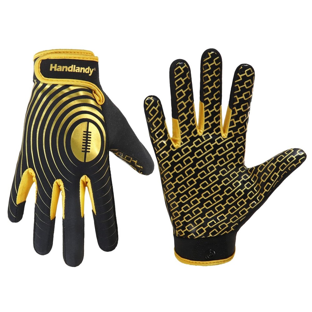 HANDLANDY Kids Football Gloves, Sticky Wide Receiver Gloves for Youth, White and Gold Stretch Fit Football Glove 8-12 (Black and Gold, X-Large)
