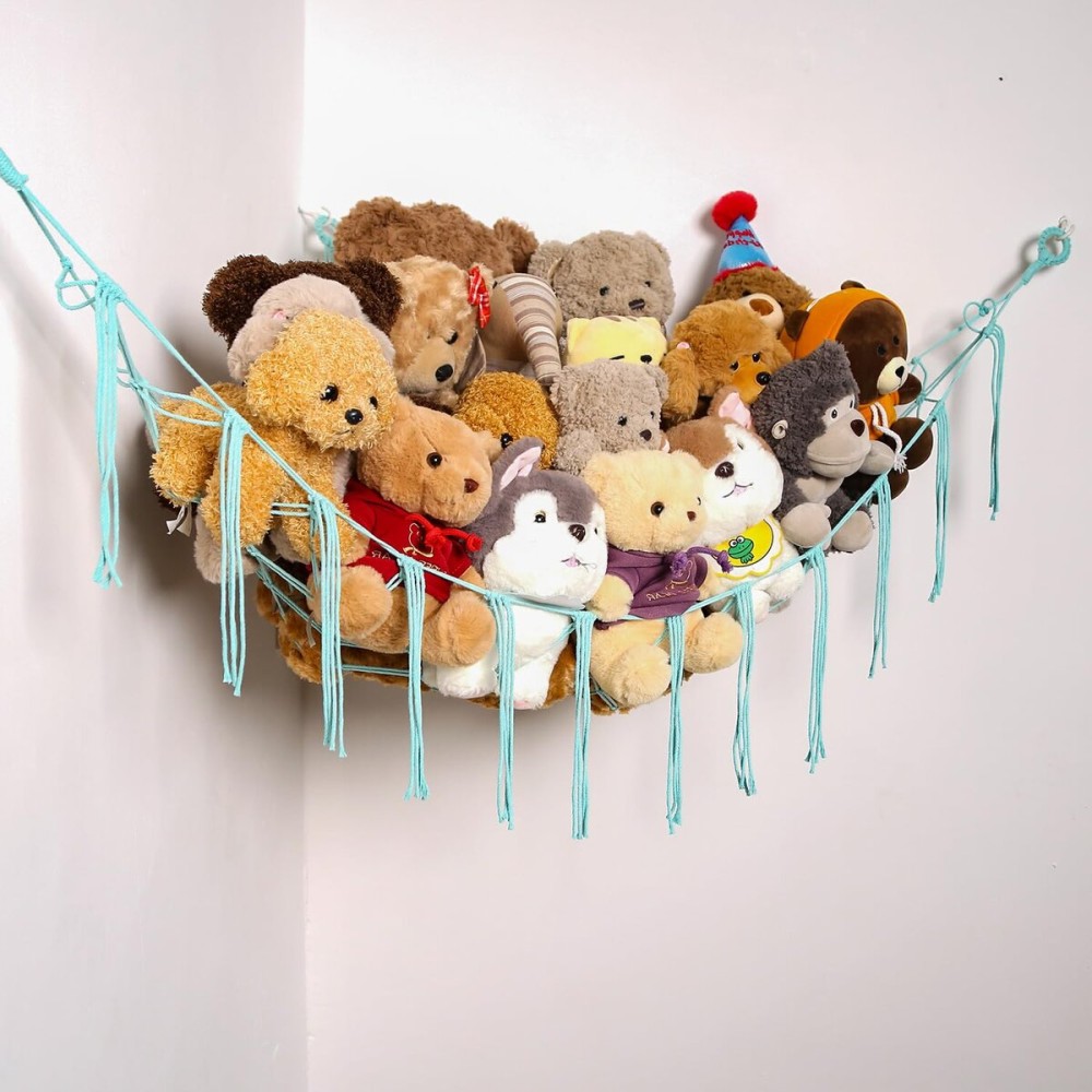 YKBU Stuffed Animals Hammock Corner Hanging Net for Macrame Stuffed Animal Storage Plush Toy Holder Toy Organizer for Boho Nursery Playroom Bedroom Kids Room Decor (light blue, Large)
