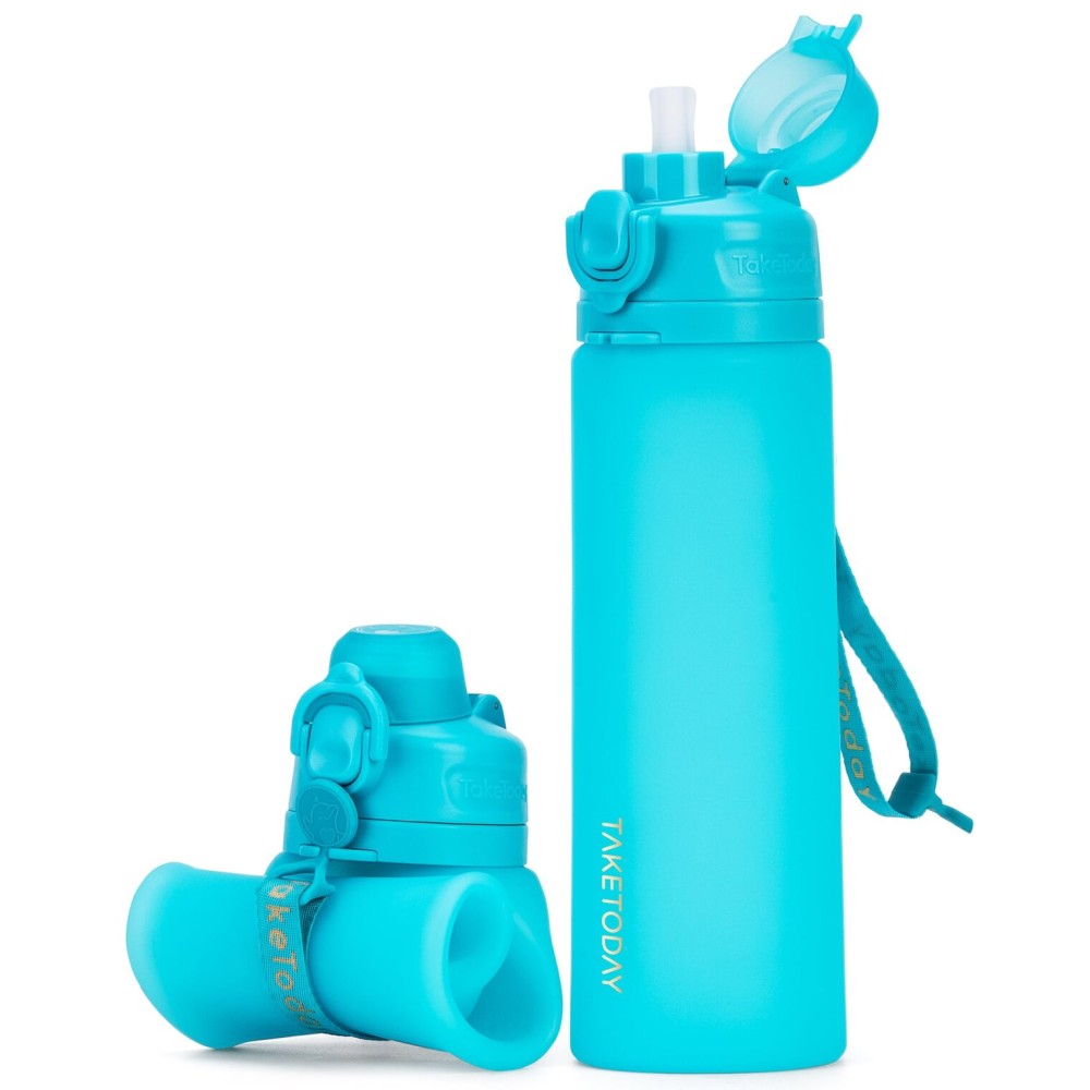 TakeToday Collapsible Water Bottles 20oz, Leak Proof, BPA-Free, Foldable Silicone Travel Water Bottle with Straw Strap for Cycling, Hiking, Outdoors