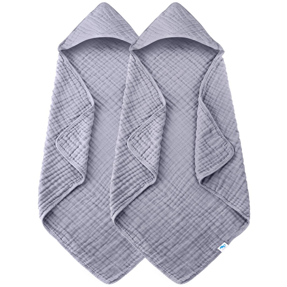 SWEET DOLPHIN Muslin Hooded Baby Bath Towels - 2 Pack 100% Cotton Towel for Babies, Infants, Toddlers - 32x32Inch - Highly Absorbent and Newborn Essential, Grey