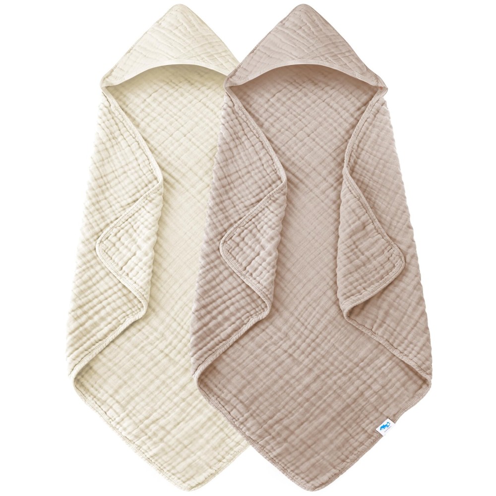 SWEET DOLPHIN Muslin Hooded Baby Bath Towels - 2 Pack 100% Cotton Towel for Babies, Infants, Toddlers - 32x32Inch - Highly Absorbent and Newborn Essential, Ivory and Brown