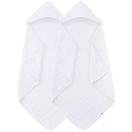 SWEET DOLPHIN Muslin Hooded Baby Bath Towels - 2 Pack 100% Cotton Towel for Babies, Infants, Toddlers - 32x32Inch - Highly Absorbent and Newborn Essential, White