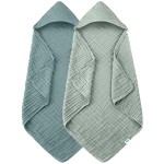 SWEET DOLPHIN Muslin Hooded Baby Bath Towels - 2 Pack 100% Cotton Towel for Babies, Infants, Toddlers - 32x32Inch - Highly Absorbent and Newborn Essential, Light Emerald