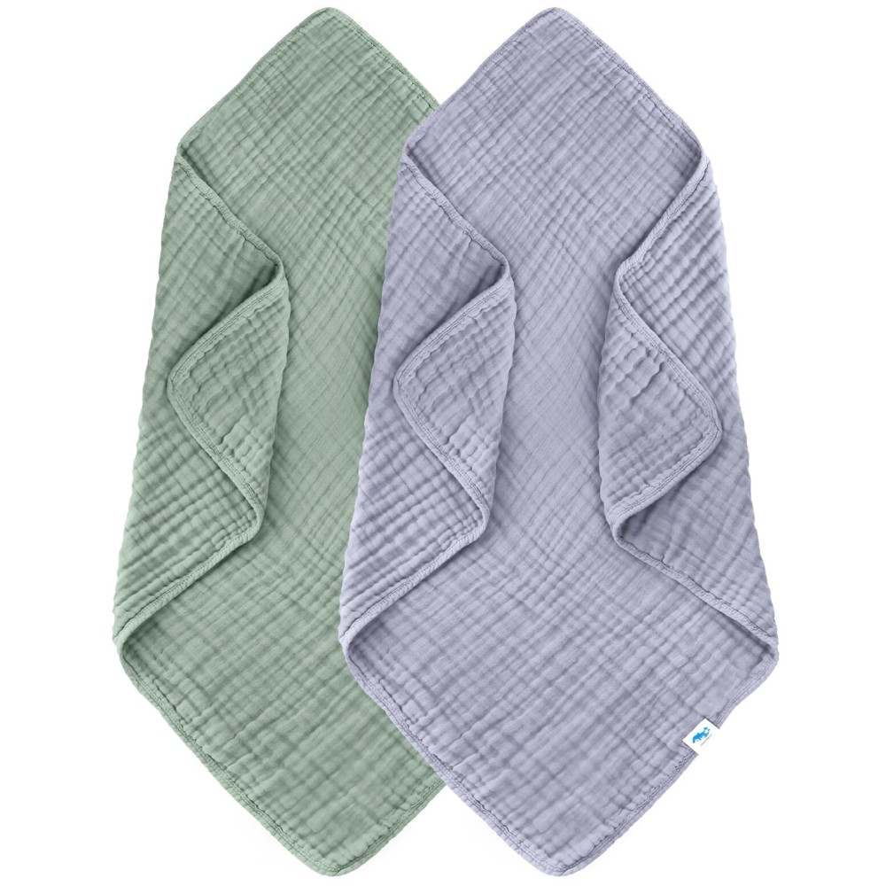 SWEET DOLPHIN Muslin Baby Bath Towels Blanket - 2 Pack 100% Cotton Towel for Babies, Infants, Toddlers - 40x40Inch - Highly Absorbent, Green and Grey
