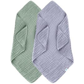 SWEET DOLPHIN Muslin Baby Bath Towels Blanket - 2 Pack 100% Cotton Towel for Babies, Infants, Toddlers - 40x40Inch - Highly Absorbent, Green and Grey