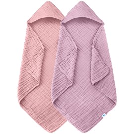 SWEET DOLPHIN Muslin Hooded Baby Bath Towels - 2 Pack 100% Cotton Towel for Babies, Infants, Toddlers - 32x32Inch - Highly Absorbent and Newborn Essential, Light Sakura