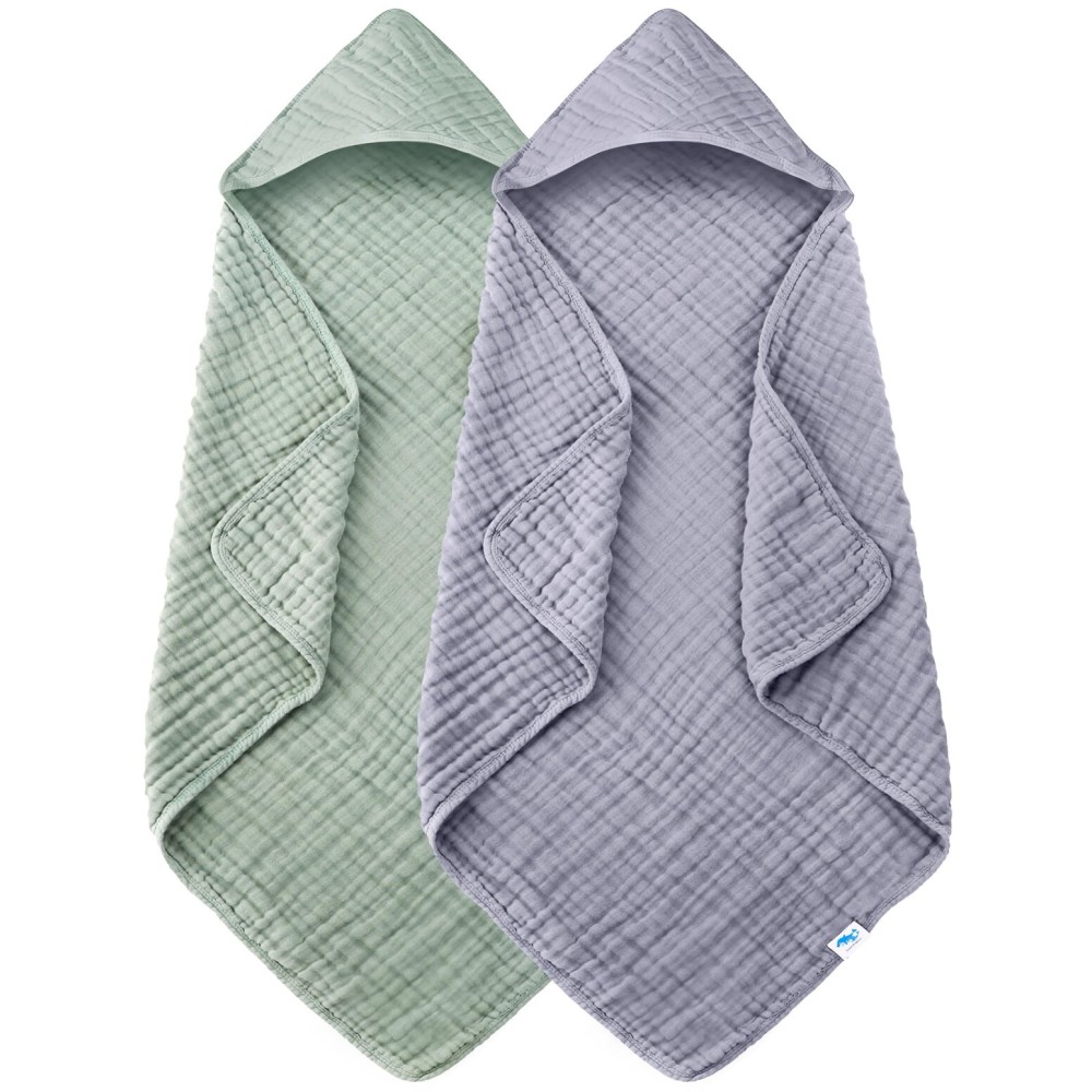 SWEET DOLPHIN Muslin Hooded Baby Bath Towels - 2 Pack 100% Cotton Towel for Babies, Infants, Toddlers - 32x32Inch - Highly Absorbent and Newborn Essential, Green and Grey