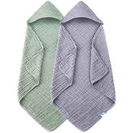 SWEET DOLPHIN Muslin Hooded Baby Bath Towels - 2 Pack 100% Cotton Towel for Babies, Infants, Toddlers - 32x32Inch - Highly Absorbent and Newborn Essential, Green and Grey