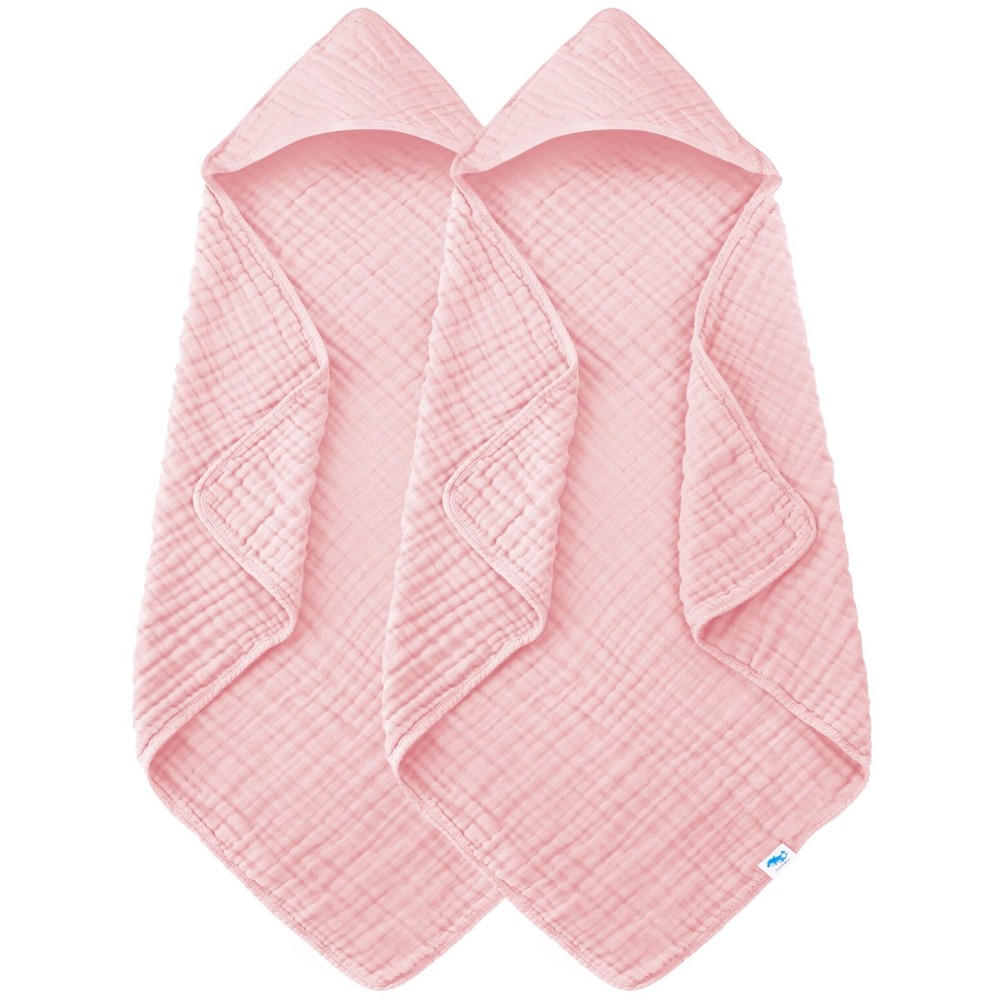 SWEET DOLPHIN Muslin Hooded Baby Bath Towels - 2 Pack 100% Cotton Towel for Babies, Infants, Toddlers - 32x32Inch - Highly Absorbent and Newborn Essential, Pink