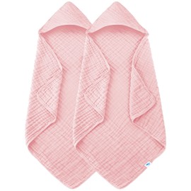 SWEET DOLPHIN Muslin Hooded Baby Bath Towels - 2 Pack 100% Cotton Towel for Babies, Infants, Toddlers - 32x32Inch - Highly Absorbent and Newborn Essential, Pink
