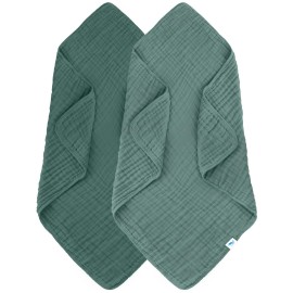 SWEET DOLPHIN Muslin Baby Bath Towels Blanket - 2 Pack 100% Cotton Towel for Babies, Infants, Toddlers - 40x40Inch - Highly Absorbent, Deep Emerald