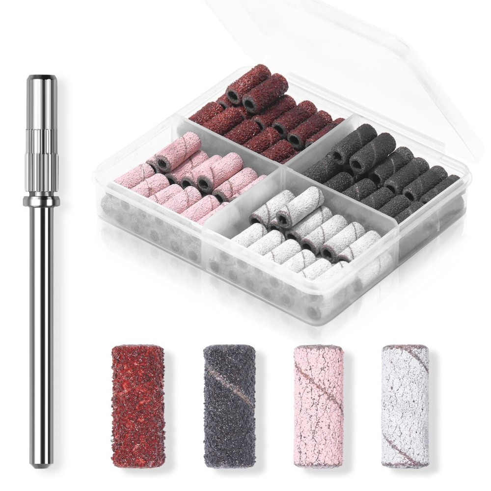 Makartt Nail Drill Bits Sanding Bands for Nail Drill, 100Pcs 4 Color Coarse Fine 80/120/180/240 Grit File Sand with 3.1mm Mini Mandrel Nail Bit Set for Acrylic Nails Gel Manicures and Pedicure