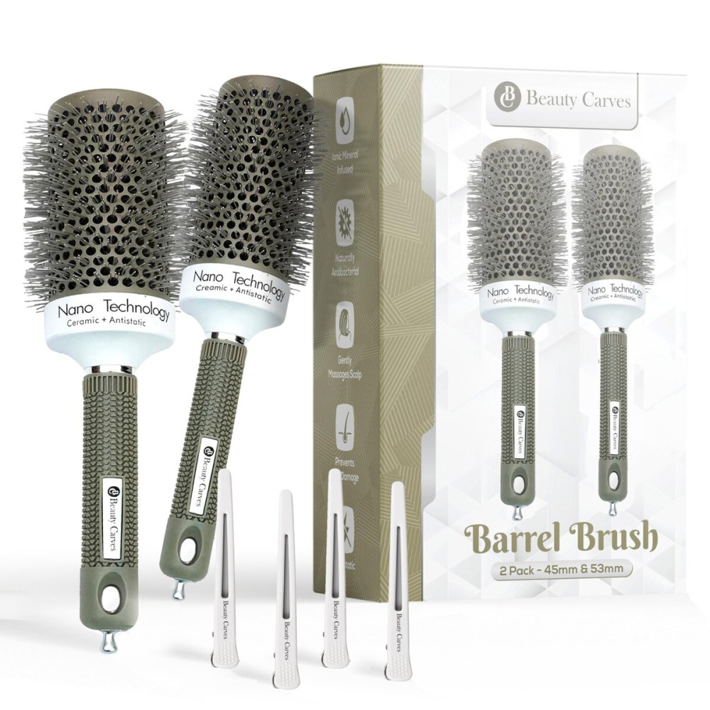 Beauty Carves Round Brush Set, 45&53mm Barrel with 4 Clips - Round Brush for Blow out with Flexible Nylon 66 Bristles Nano Ionic Heat Resistant Tech for Professional Curling, Styling & Shining Texture