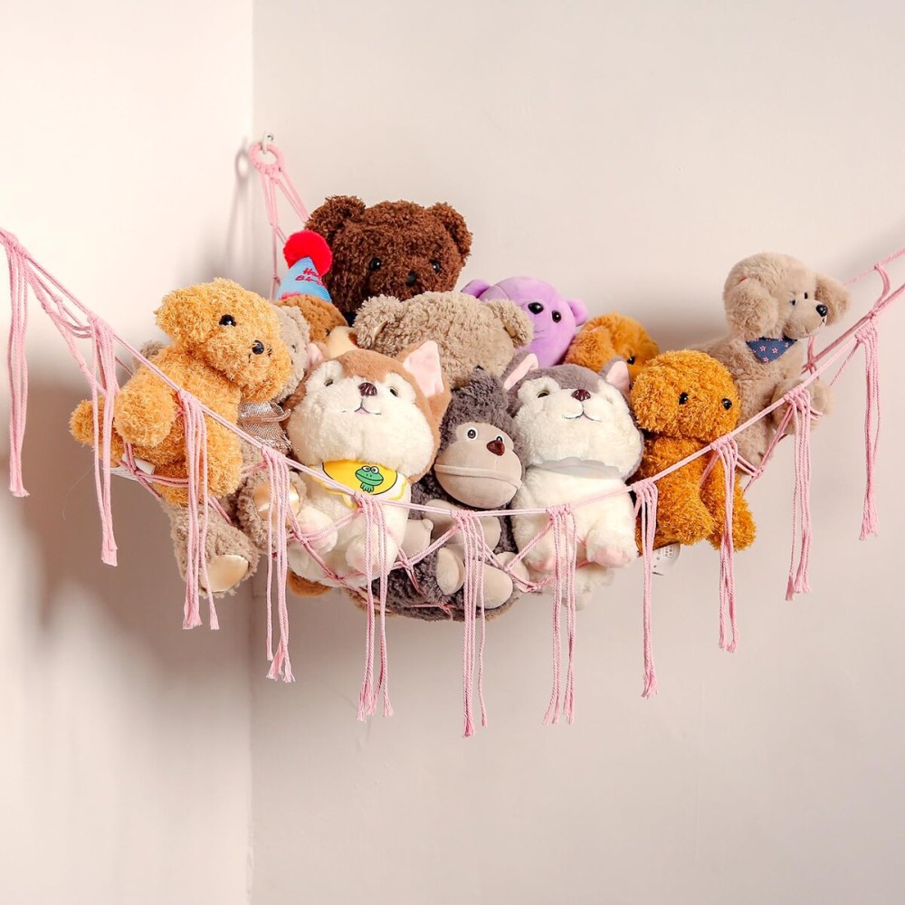YKBU Stuffed Animals Hammock Corner Hanging Net for Macrame Stuffed Animal Storage Plush Toy Holder Toy Organizer for Boho Nursery Playroom Bedroom Kids Room Decor (light pink, Large)