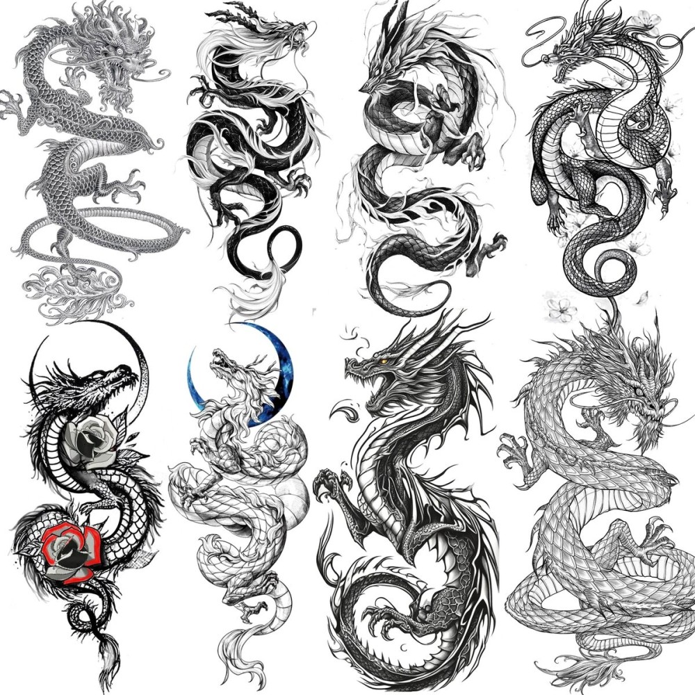 TASROI 8 Sheets Cool Dragon Temporary Tattoos For Men Women Adults, Black Realistic Dragon Tattoo Sticker Half Arm Sleeve, Waterproof Tribal Totem Fake Tattoos That Look Real and Long Lasting Set Kit