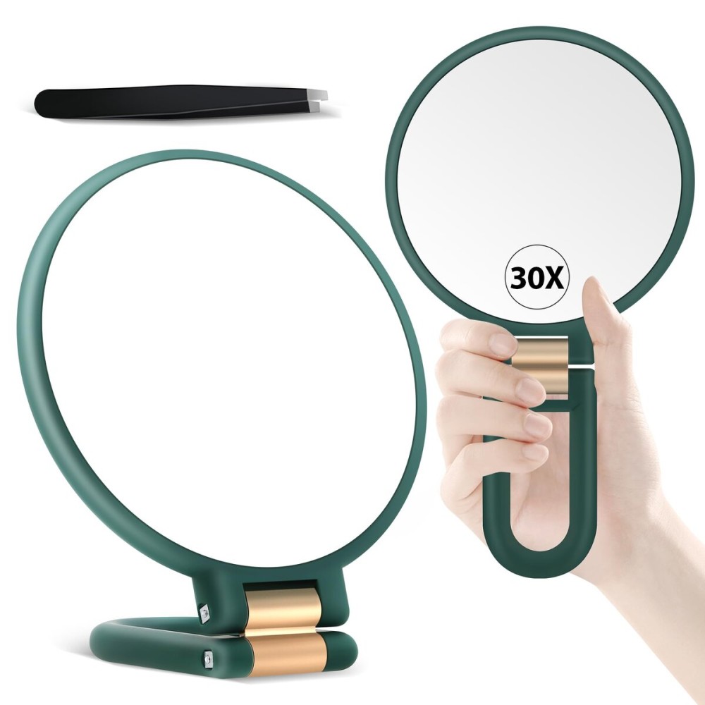 B Beauty Planet 30X Magnifying Mirror, Hand Mirror with Handle, Double Sided Hand Mirror with 30X/1X Magnification, Travel Essential Portable Foldable Makeup Mirror for Precision MakeupGreen