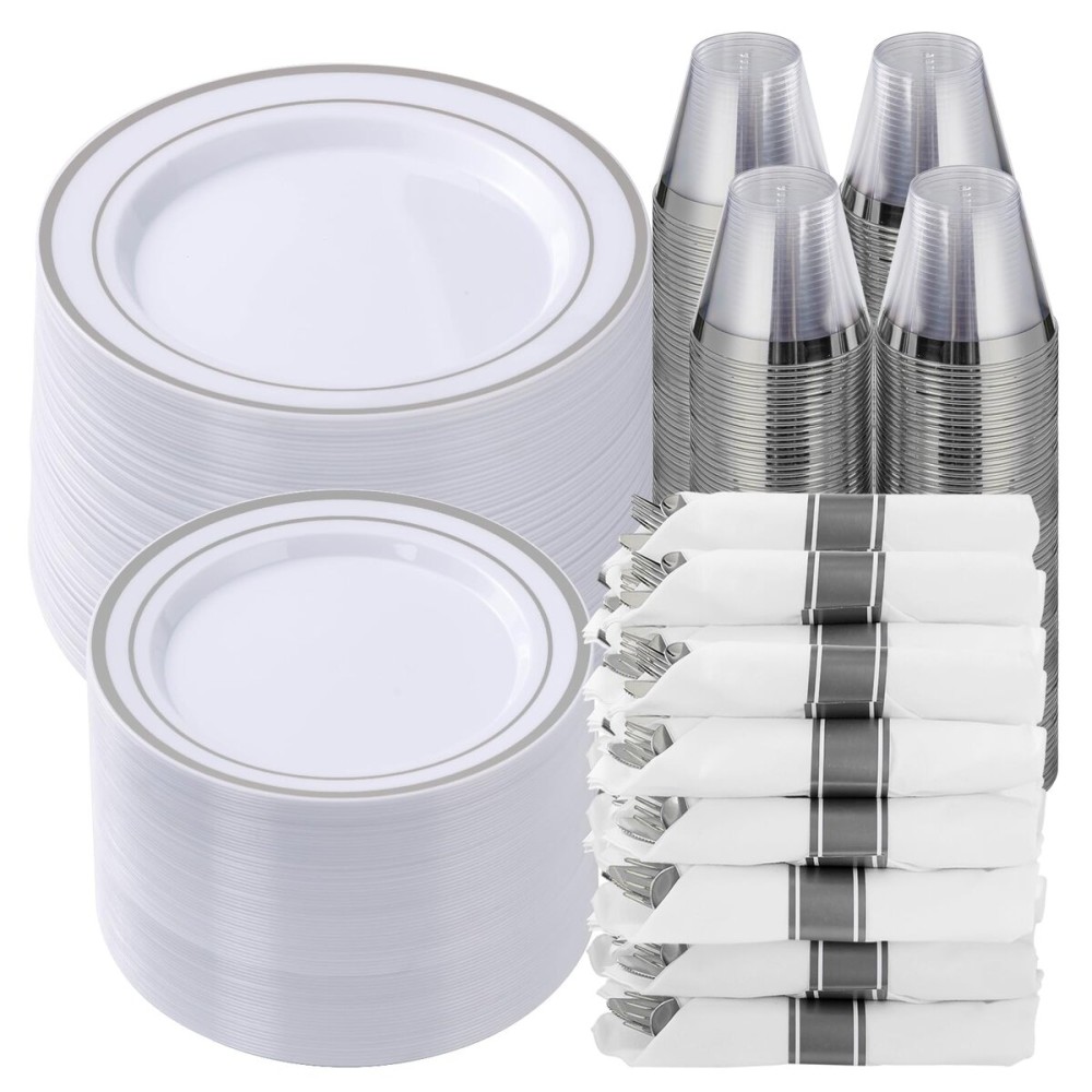 Goodluck 700 Piece Silver Plastic Dinnerware Set for 100 Guests, Disposable Plates for Party, Include: 100 Dinner Plates, 100 Dessert Plates, 100 Pre Rolled Napkins with Silverware, 100 Cups