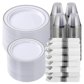 Goodluck 700 Piece Silver Plastic Dinnerware Set for 100 Guests, Disposable Plates for Party, Include: 100 Dinner Plates, 100 Dessert Plates, 100 Pre Rolled Napkins with Silverware, 100 Cups