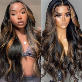 MENGLLE 13x6 Body Wave 1B/30 Highlight Lace Front Wig Human Hair 200% Density HD Transparent Ombre Lace Front Wig Human Hair Colored Balayage Wig for Black Women 24 Inch