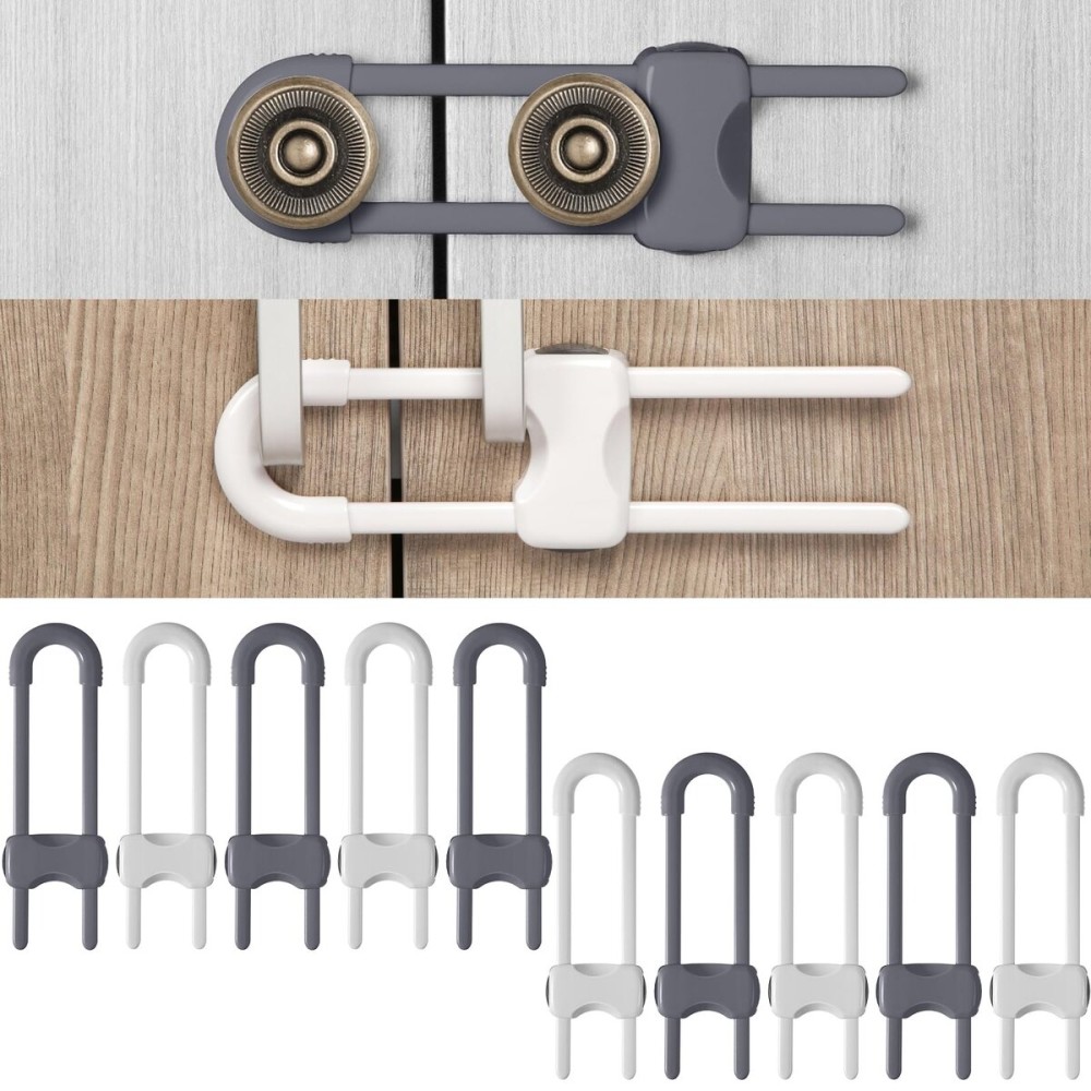 Jetec 10 Pieces Cabinet Locks for Babies, U-Shaped Proofing Drawers Safety Child Locks Adjustable, Easy to Use Childproof Latch for Knob Handle on Kitchen Door Storage Cupboard Closet (Gray, White)