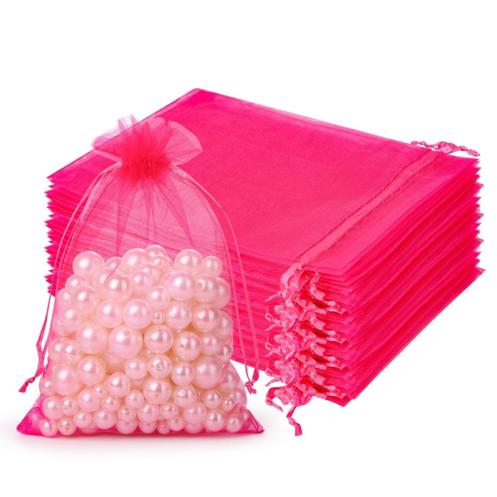 Hopttreely 100pcs Organza Drawstring Gift Bags, 4 x 4.72 inch Mesh, Hot Pink Satin Pouch Wedding Party Favor Bags