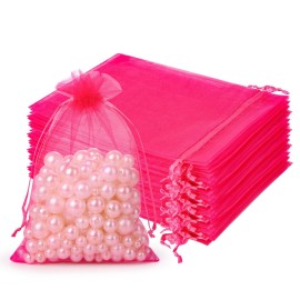 Hopttreely 100pcs Organza Drawstring Gift Bags, 4 x 4.72 inch Mesh, Hot Pink Satin Pouch Wedding Party Favor Bags