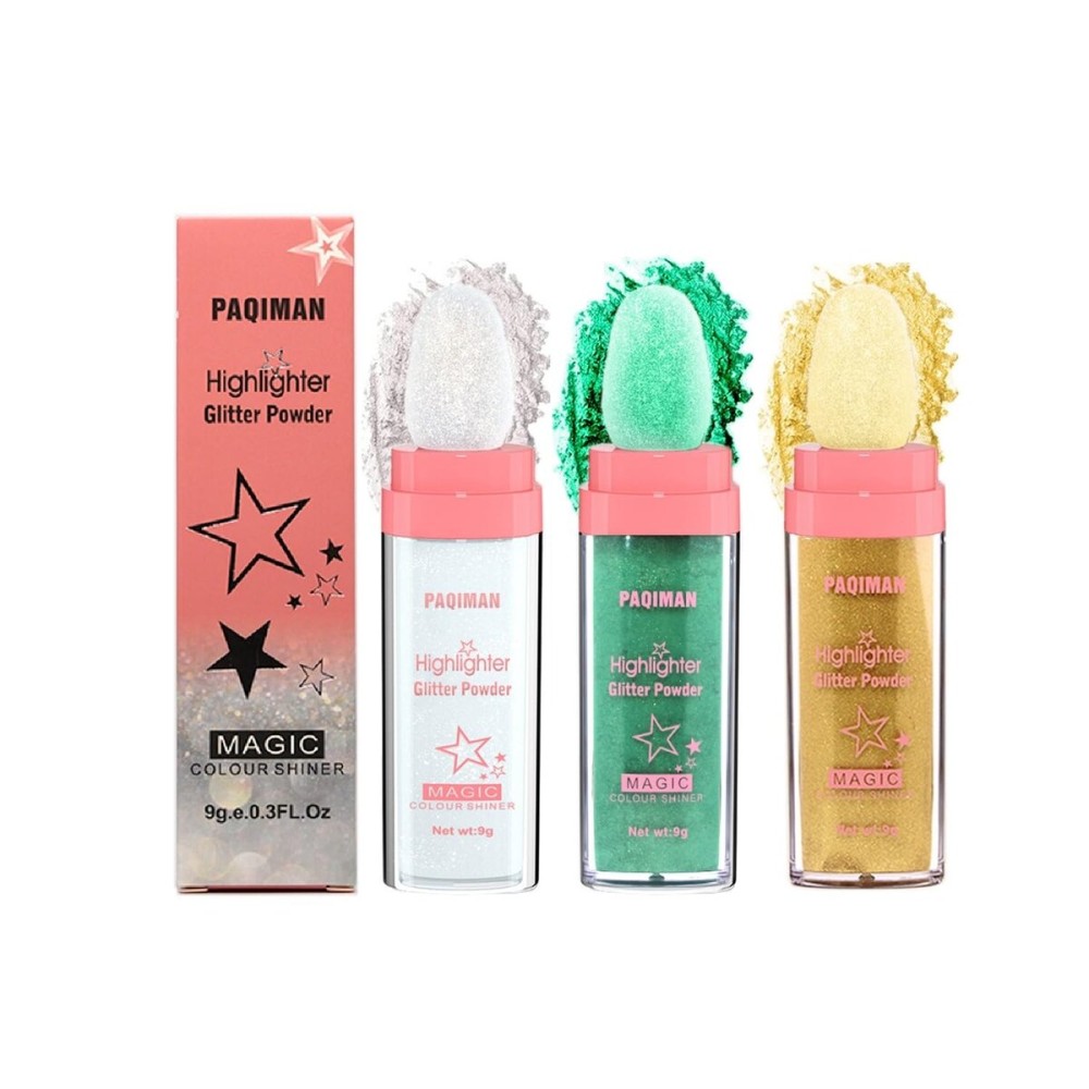 3 Color Glitter Powder, Neon Accessories Outfit Party Body Sparkling Highlighter Makeup.01 White moonbeam&04Green&05Gold